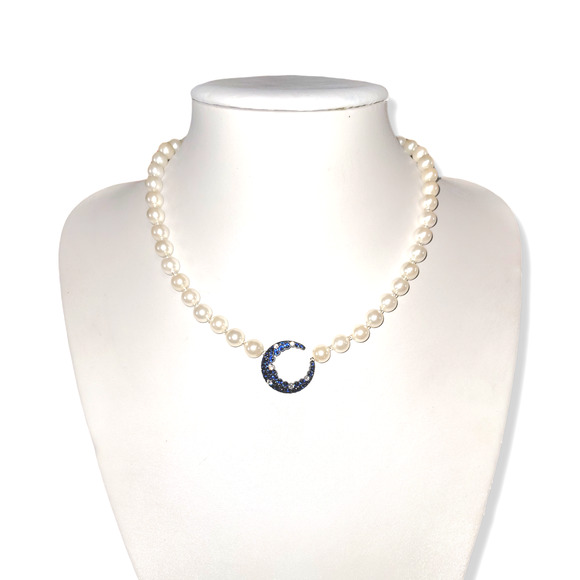 Eye Candy The Luxe Collection Blue and White CZ Moon Round Shell Pearls 18" - Picture 8 of 9
